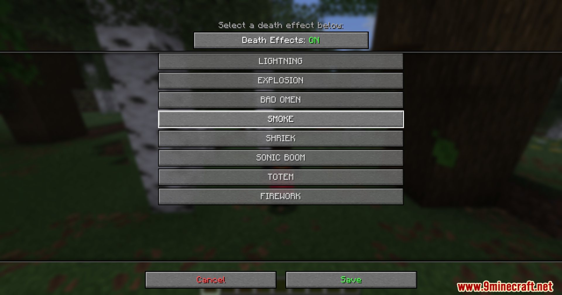 Death Sound Mod Screenshot 6 Custom menu for selecting different visual death effects in the Minecraft game