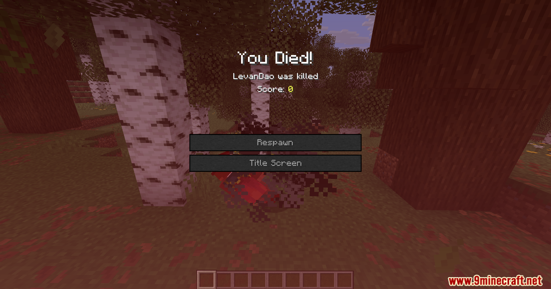 Death Sound Mod Screenshot 7 A player has died in a birch forest showing the Minecraft death screen
