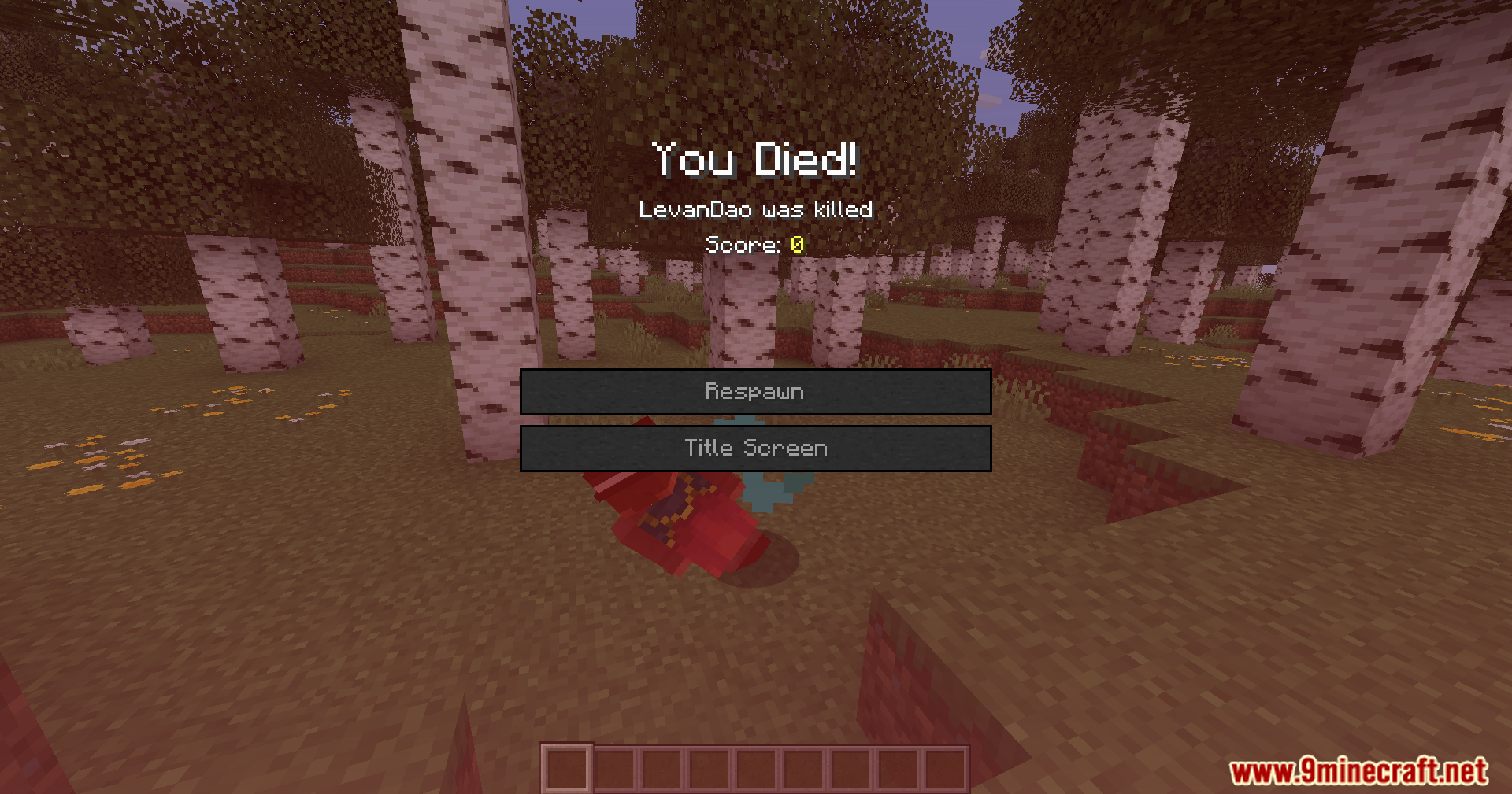 Death Sound Mod Screenshot 9 Minecraft death screen showing a player killed in a birch forest biome
