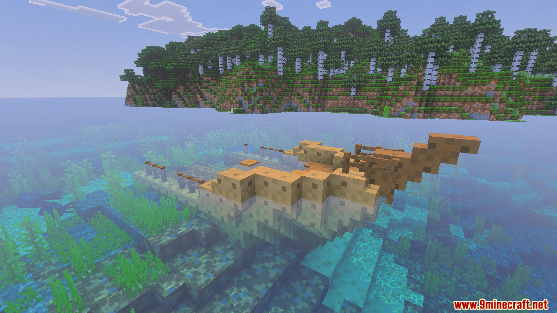 Underwater view of a shipwreck with simplified textures and a squid