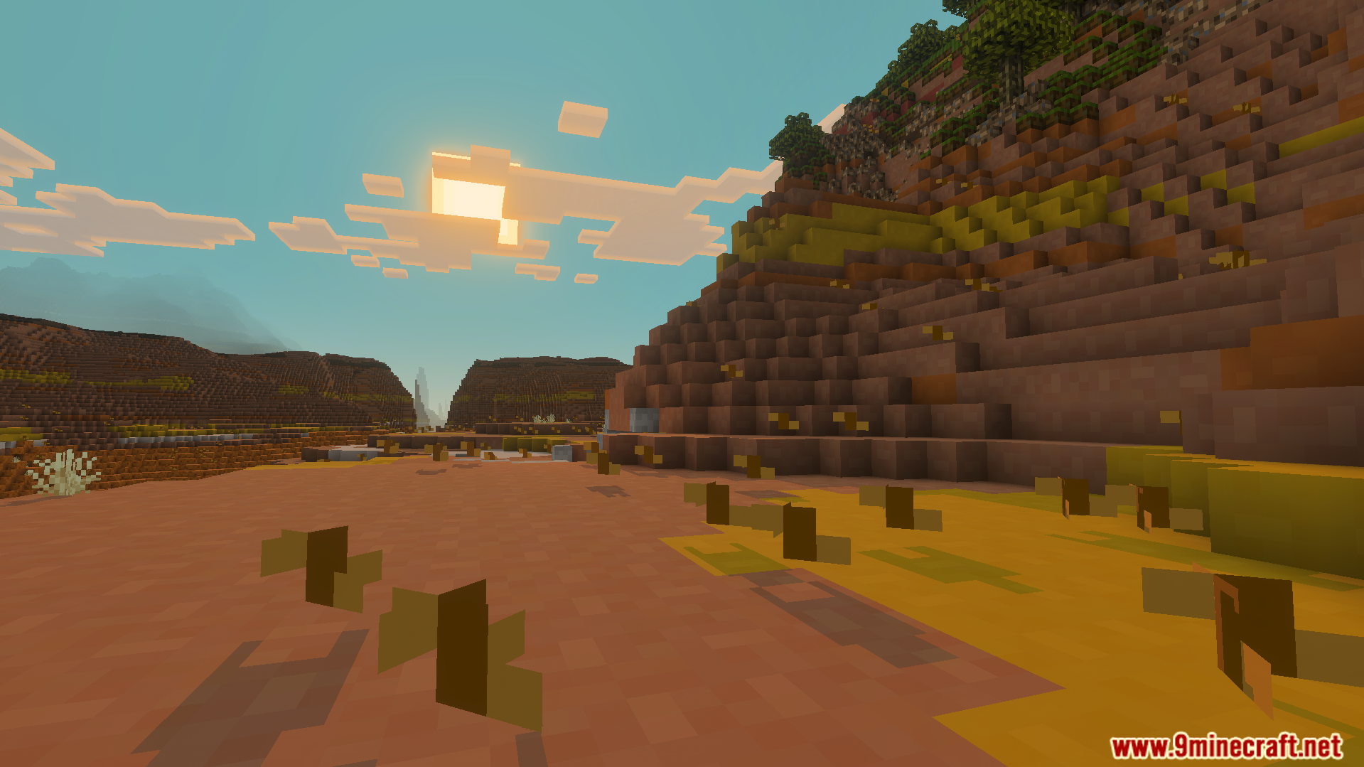 Simplified mesa biome landscape with low resolution four by four block textures