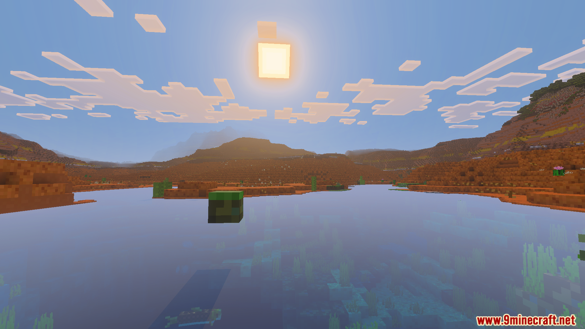 Sunset over a mesa biome with simplified low resolution four by four textures