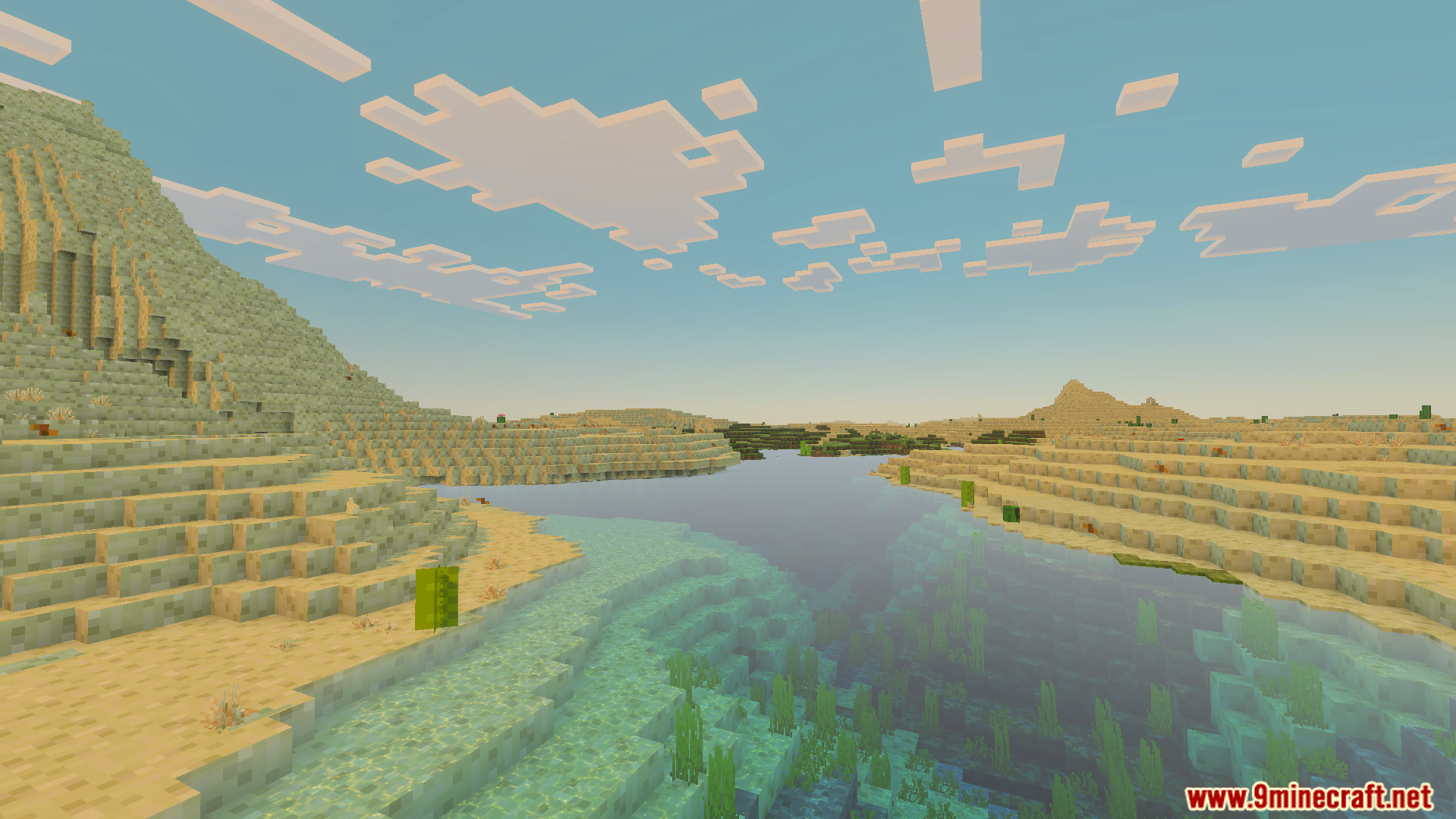Low resolution desert landscape with water using simple four by four textures