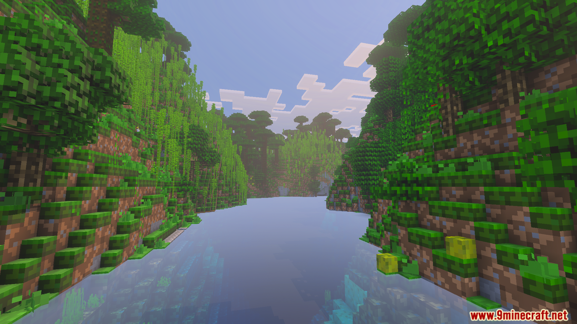 Lush jungle biome with a river and simplified low resolution green tree blocks