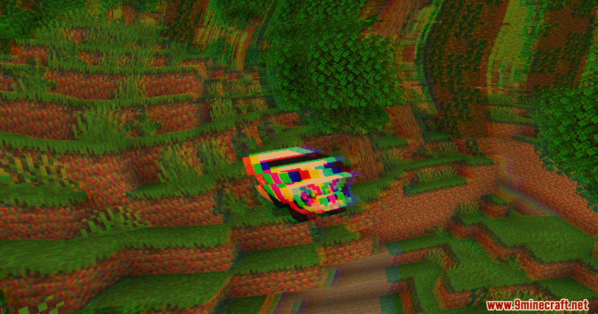 Glitched multicolored mob stands in a distorted green forest environment