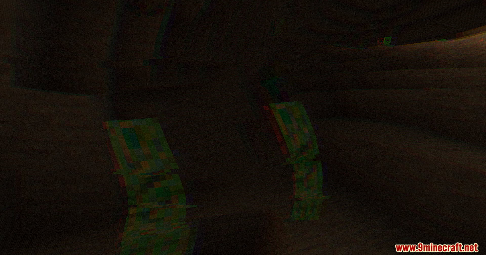 Glitched creepers appear with distorted colors and screen tearing in the dark