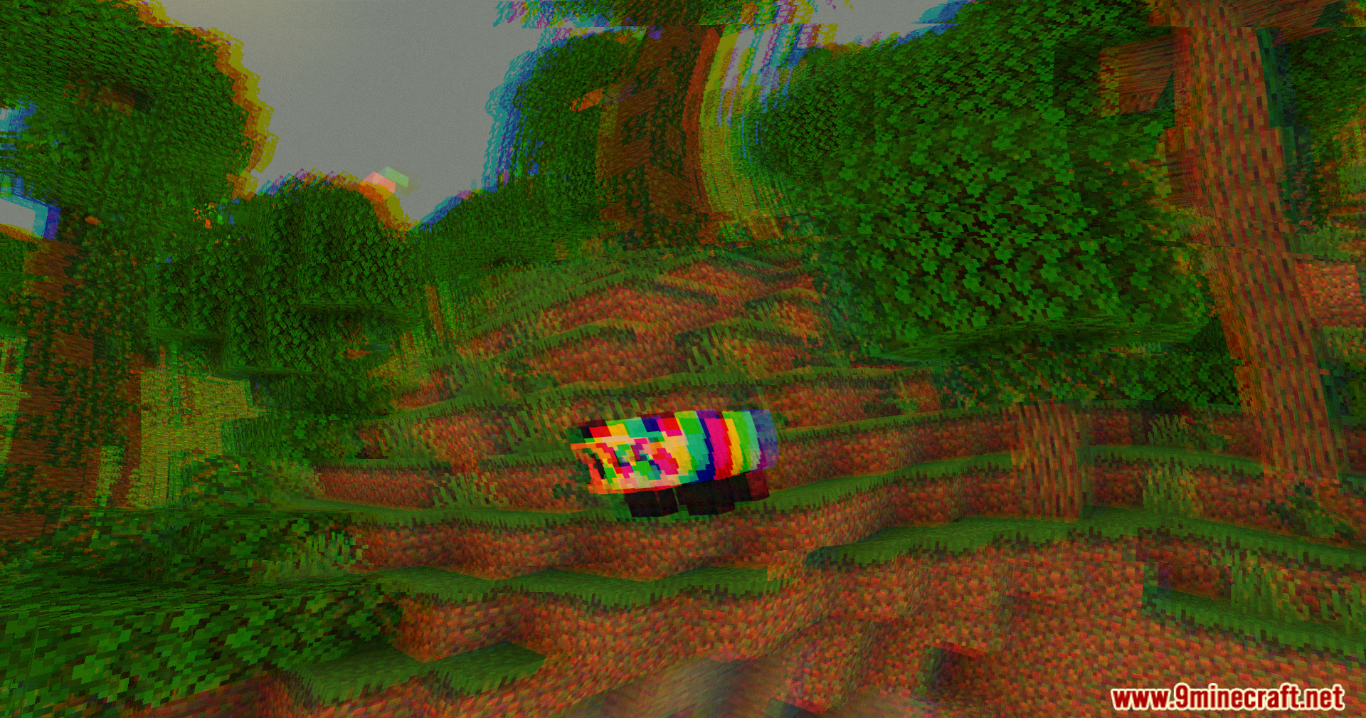Colorful glitched creature wanders through a warped forest with digital noise