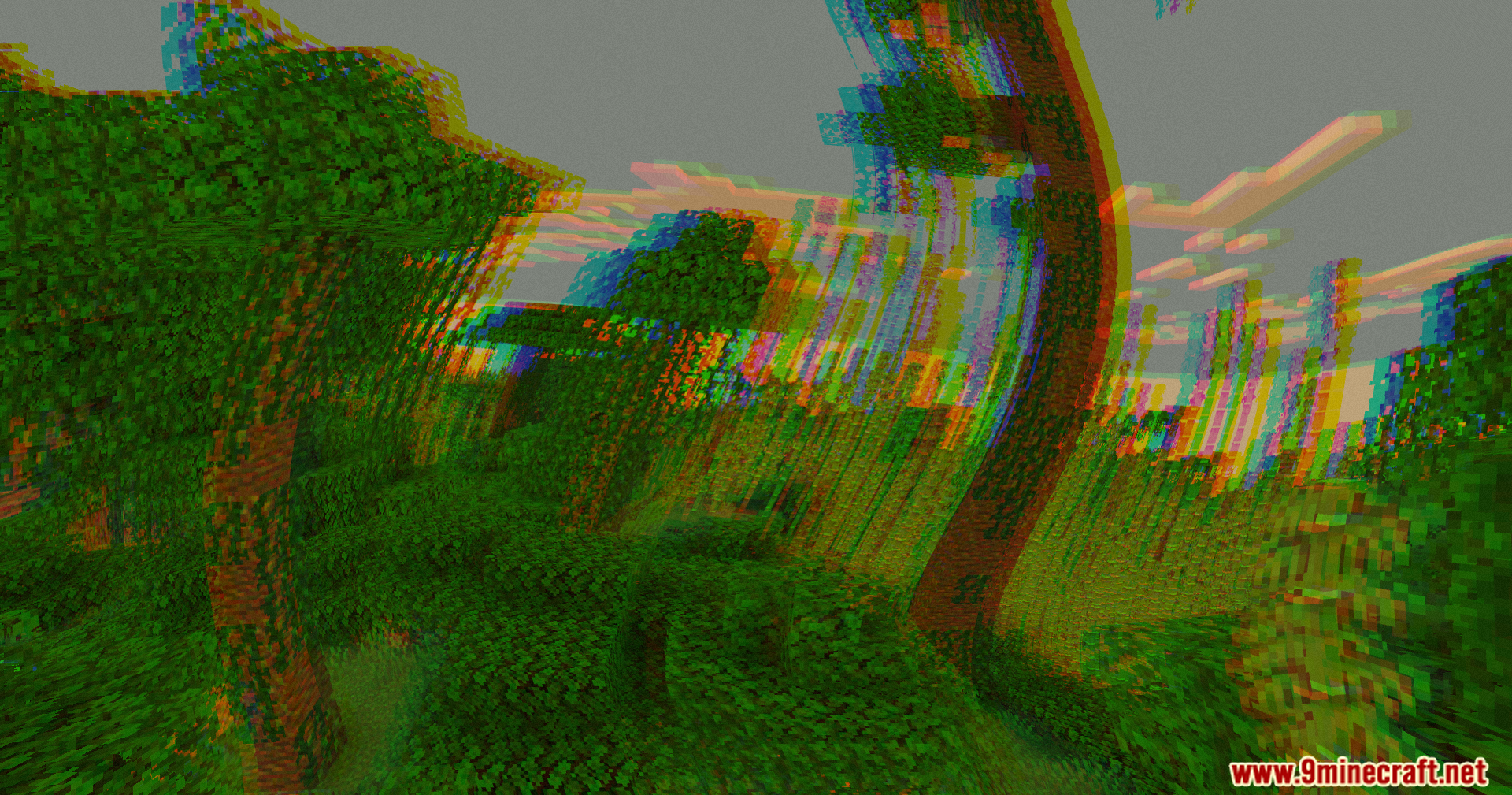 Minecraft jungle landscape with heavy spiral distortion and glitchy visual effects