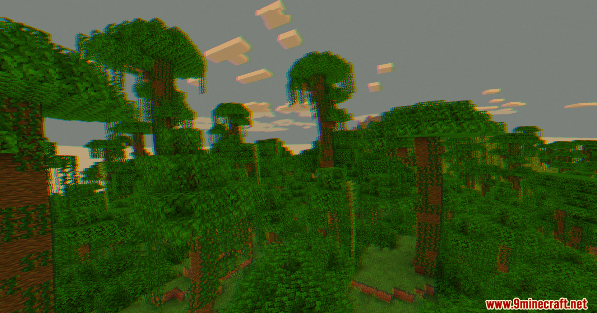 Jungle biome featuring chromatic aberration and horizontal screen tearing visual effects