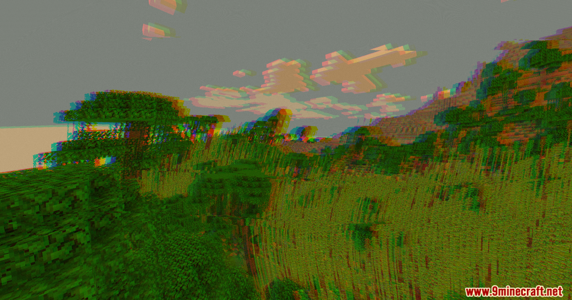 Demonic Possession Shaders distorting a Minecraft jungle with intense glitch effects