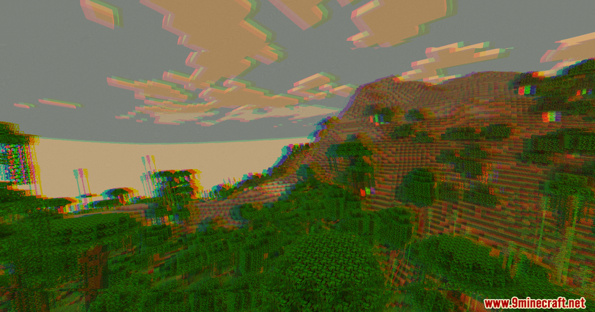 Hilly Minecraft terrain showing heavy chromatic aberration and warped visual textures