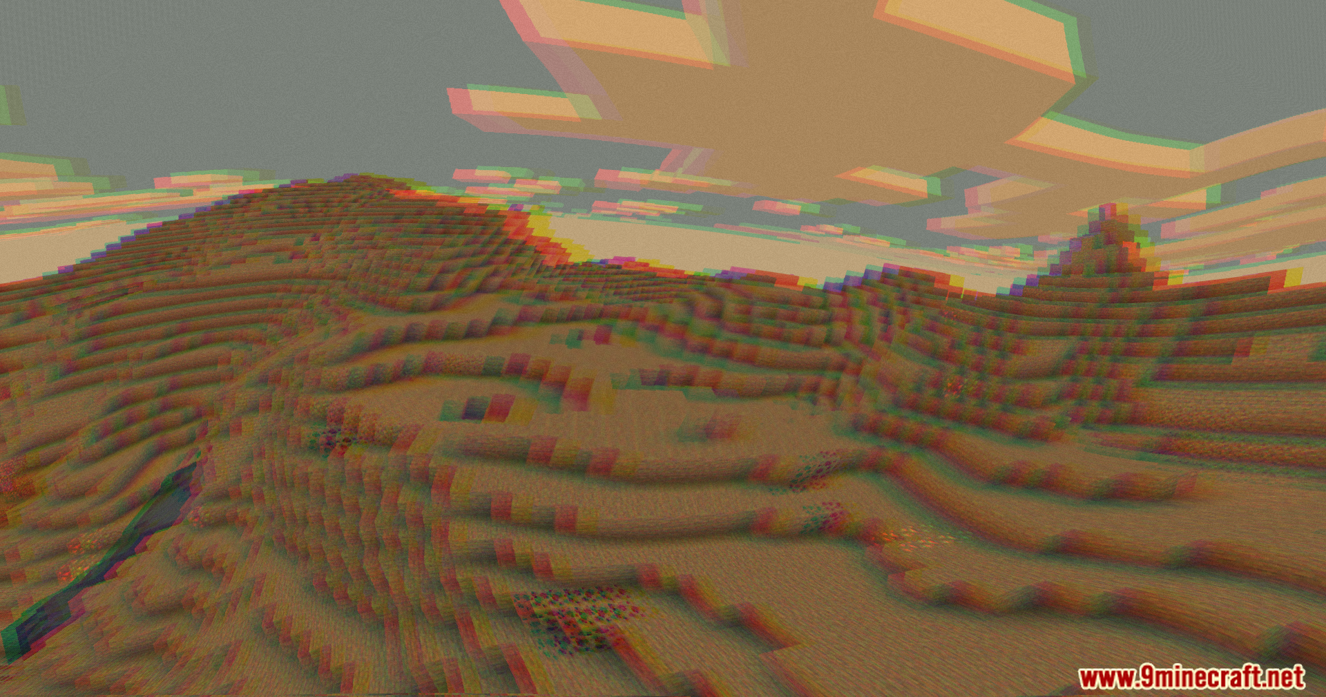 Glitchy desert landscape with distorted red and cyan chromatic aberration