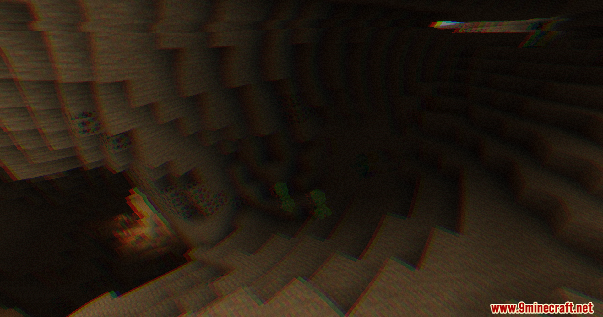 Dark cave interior with creepers and glitchy screen distortion effects