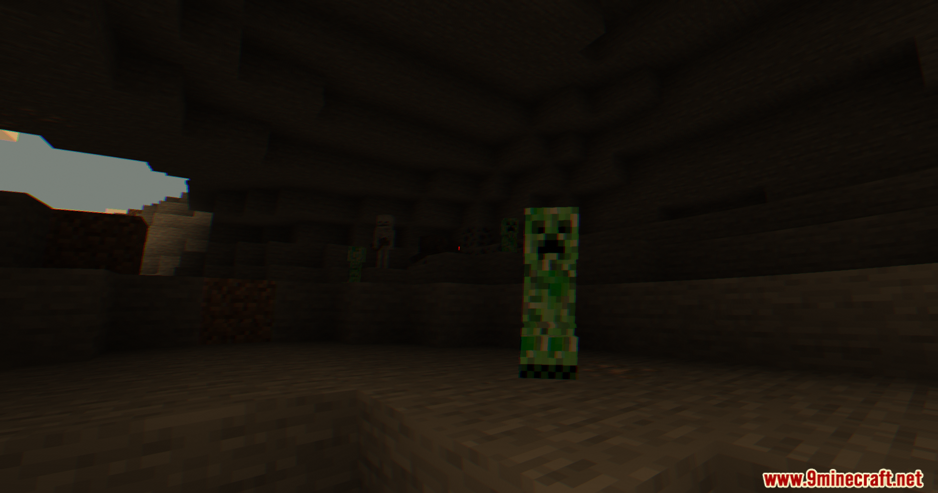 A green creeper stands in a dark cave with distorted lighting effects