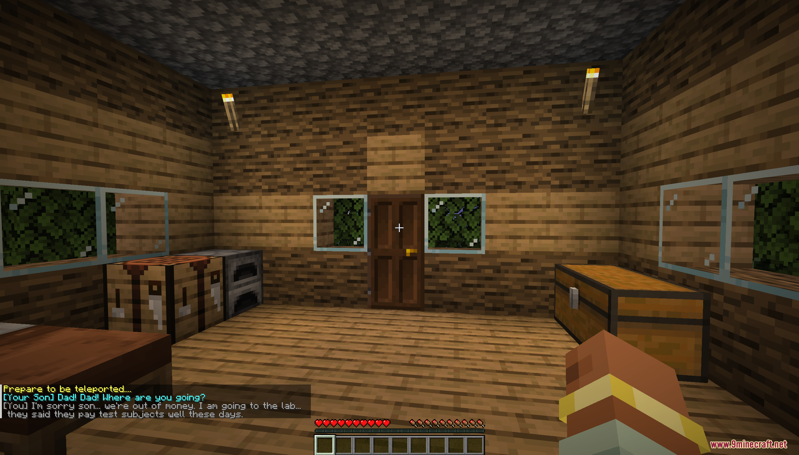 Desert Island Survival Map Screenshot 2 A player inside a wooden house with story dialogue in the chat