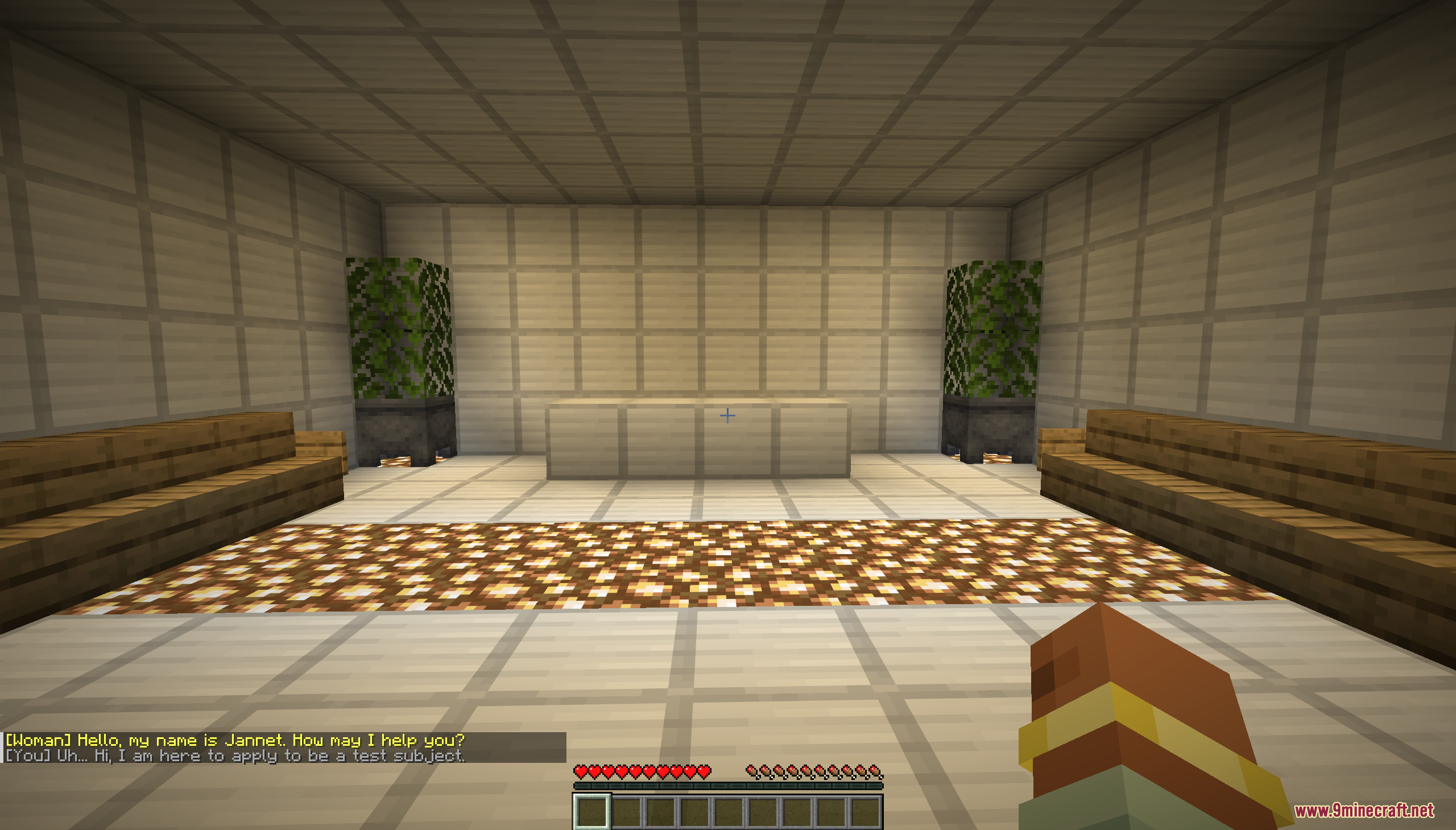 Desert Island Survival Map Screenshot 3 Player character talking to a receptionist in a modern laboratory lobby area