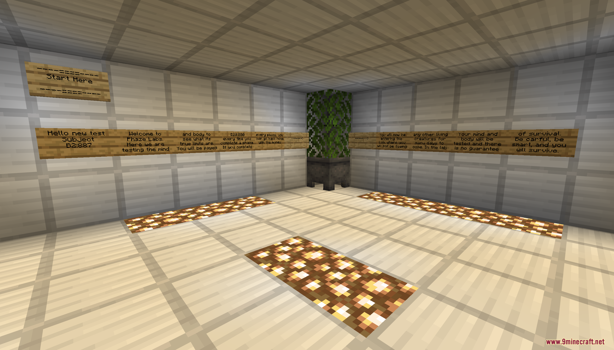 Desert Island Survival Map Screenshot 4 Multiple wooden signs on a wall giving instructions to a test subject