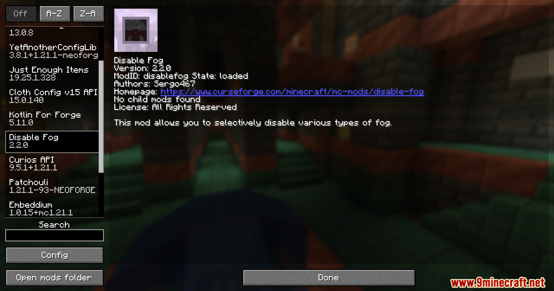 Disable Fog Mod Screenshot 1 A Minecraft mod menu screen displaying the Disable Fog mod configuration options