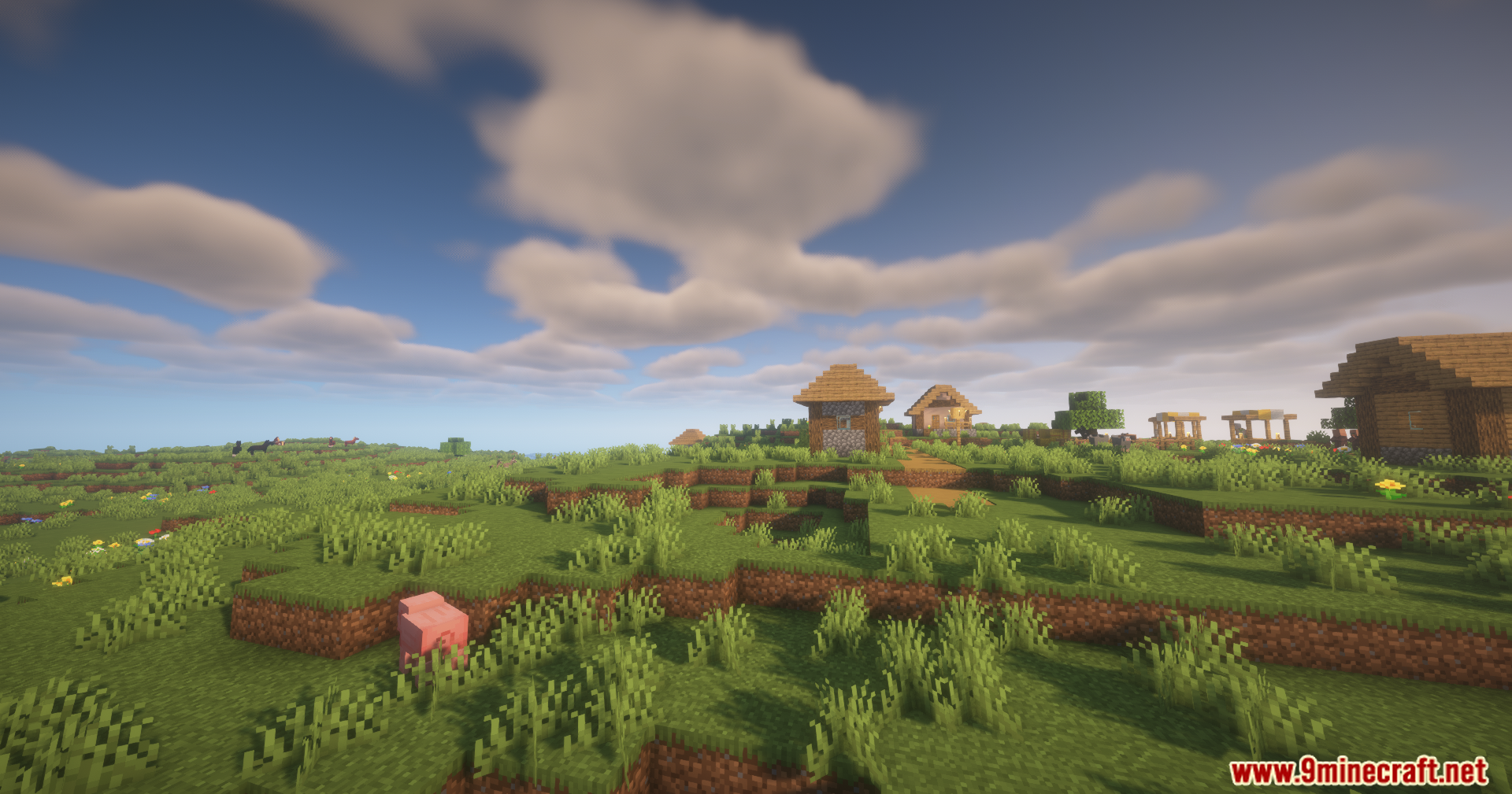 Disable Fog Mod Screenshot 3 Disable Fog Mod provides clear views of a peaceful Minecraft village and plains