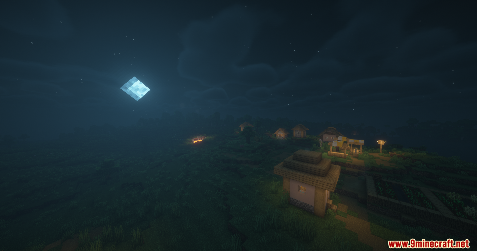Disable Fog Mod Screenshot 9 Clear night view of a Minecraft village under a bright square moon