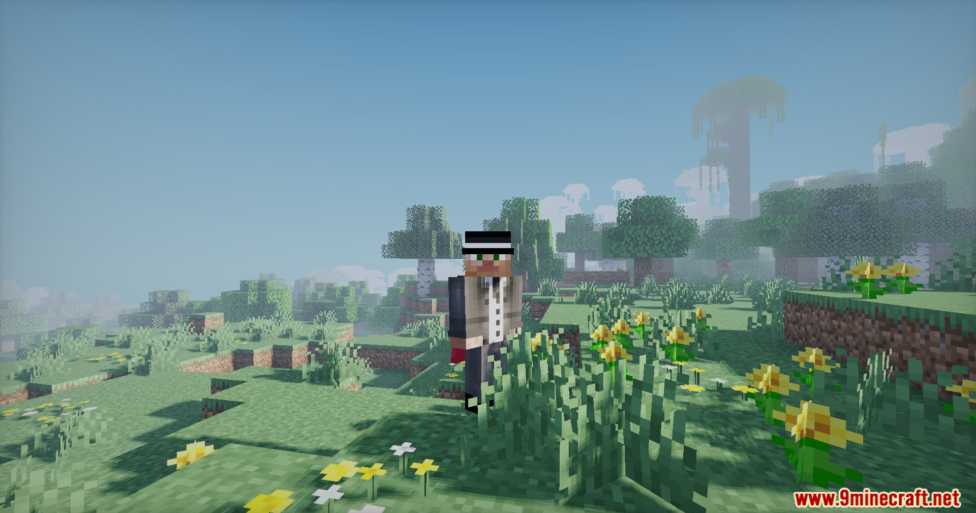 Doruk's Shaders Screenshot 5 Minecraft character in a suit standing in a bright field with yellow flowers