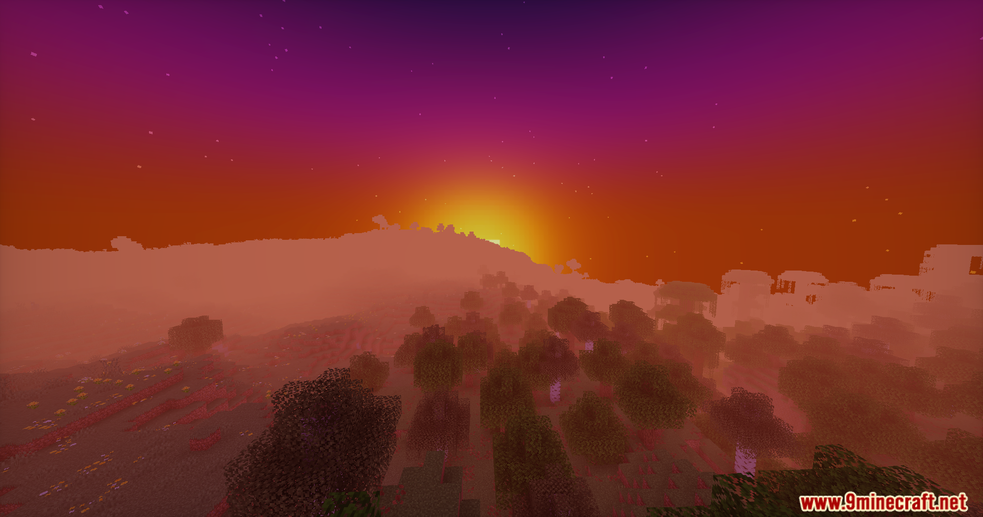Doruk's Shaders Screenshot 7 A vibrant sunset with purple and orange skies over a foggy forest landscape