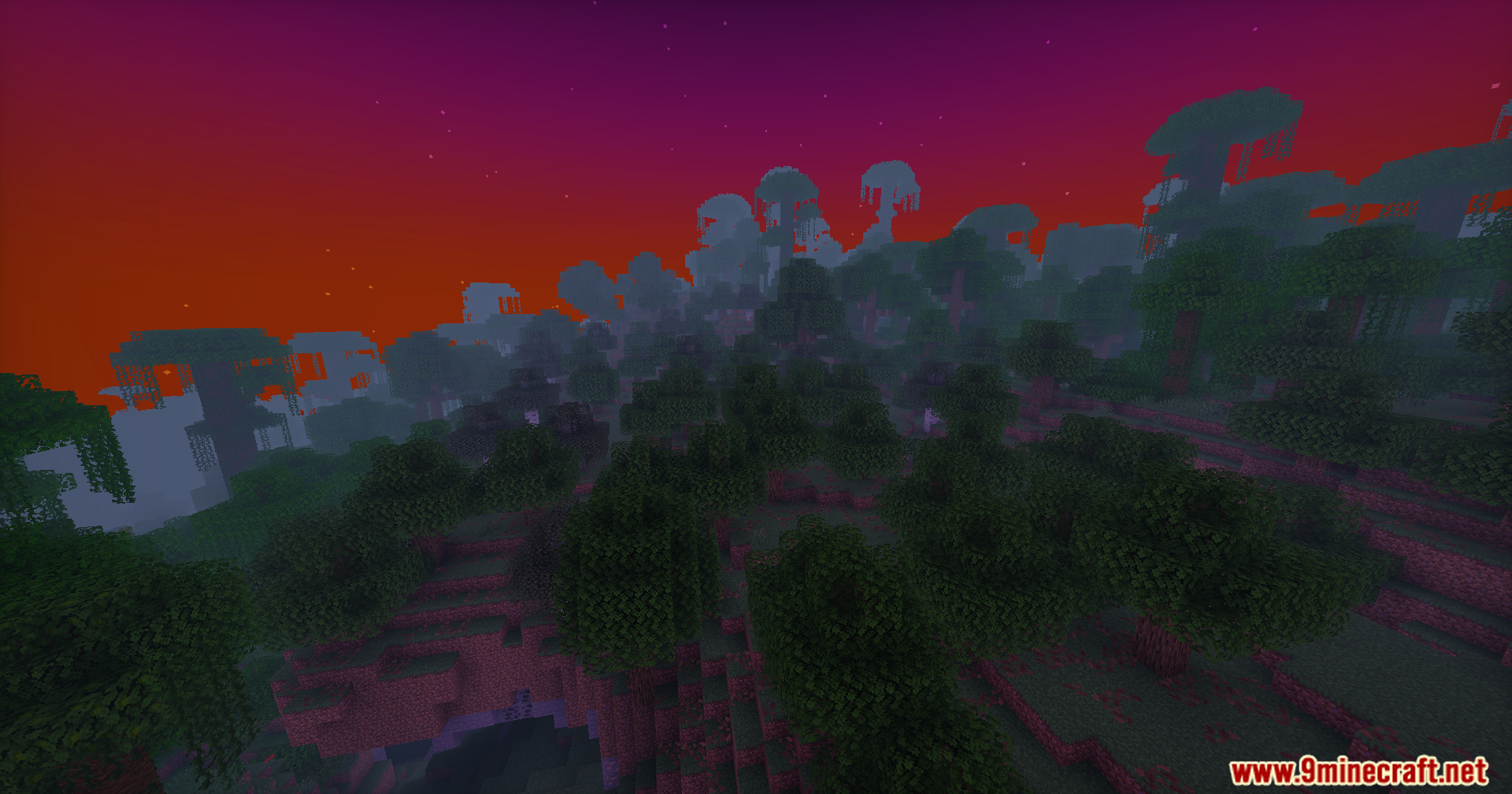 Doruk's Shaders Screenshot 8 Dense jungle forest with tall trees under a colorful purple and red sky