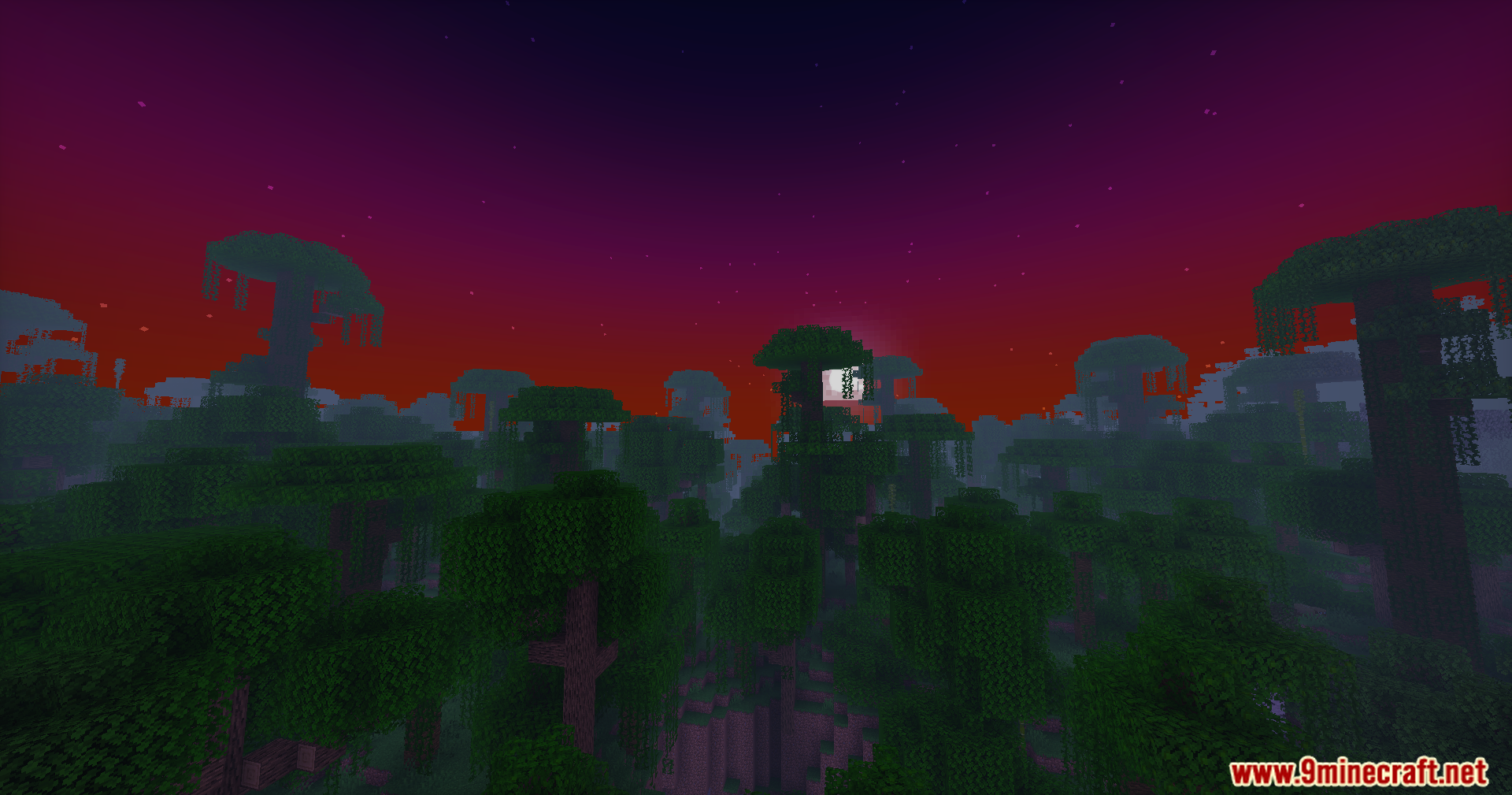 Doruk's Shaders Screenshot 9 Doruk Shaders creates a vibrant red sunset over a dense jungle biome