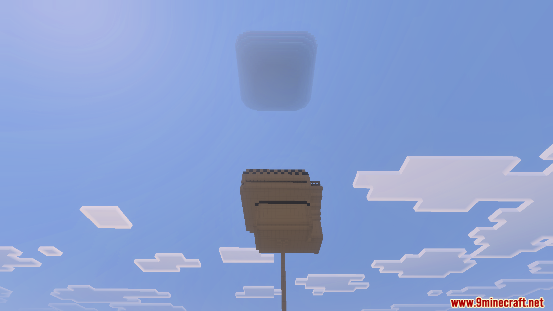 A tall tower reaching towards a floating platform in the clear blue sky