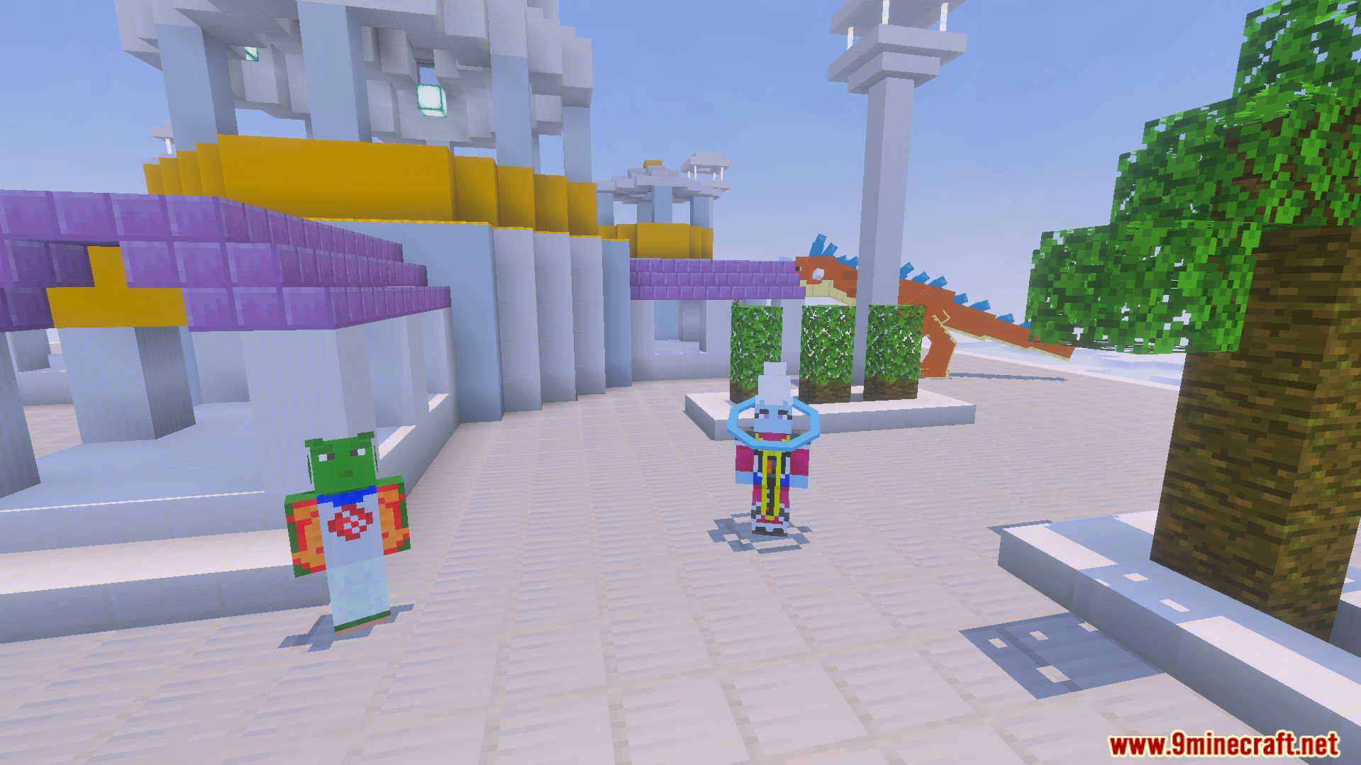 Characters standing in a courtyard with a large dragon in the background