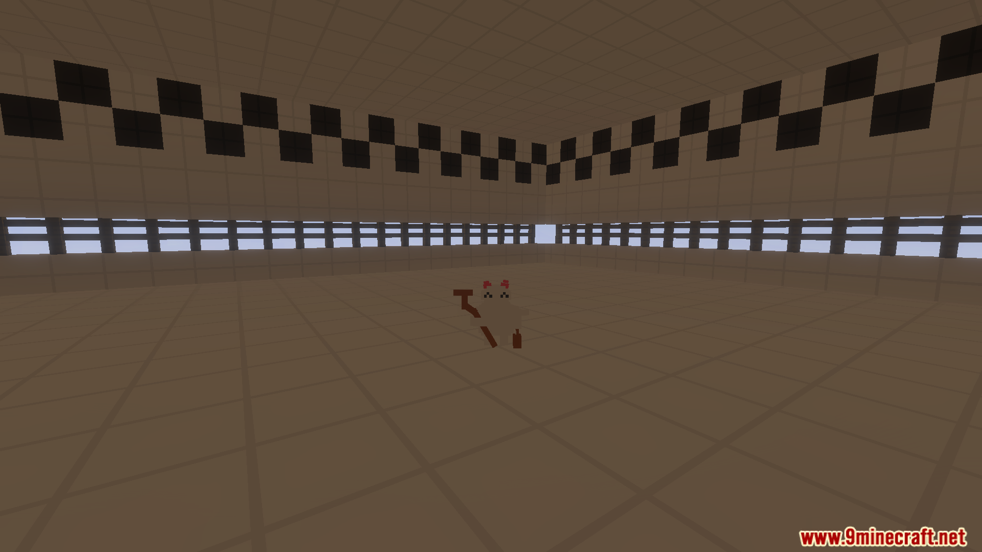 Inside the Hyperbolic Time Chamber training room with checkered wall patterns