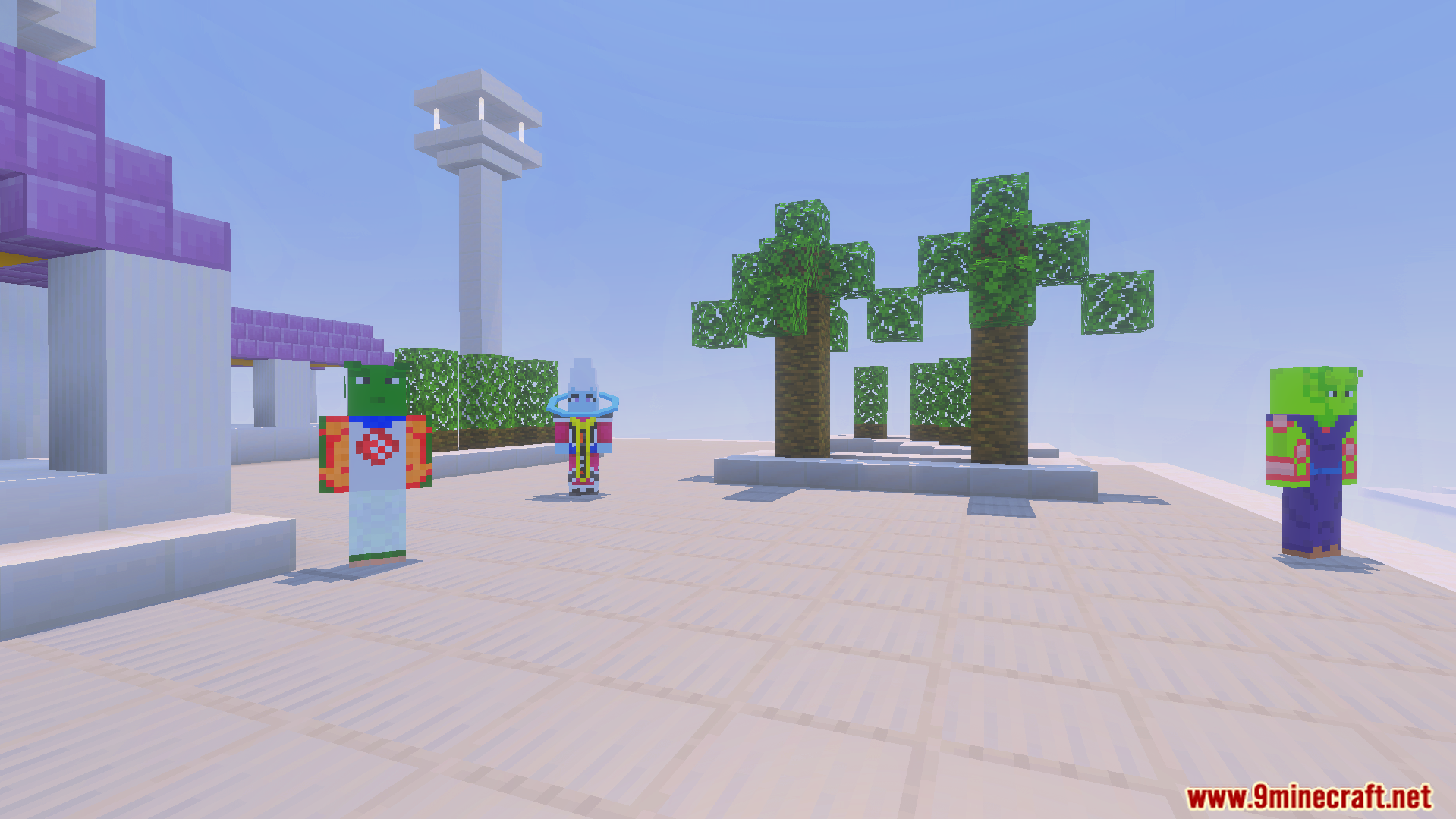 Minecraft characters including Namekians standing on a white platform with palm trees