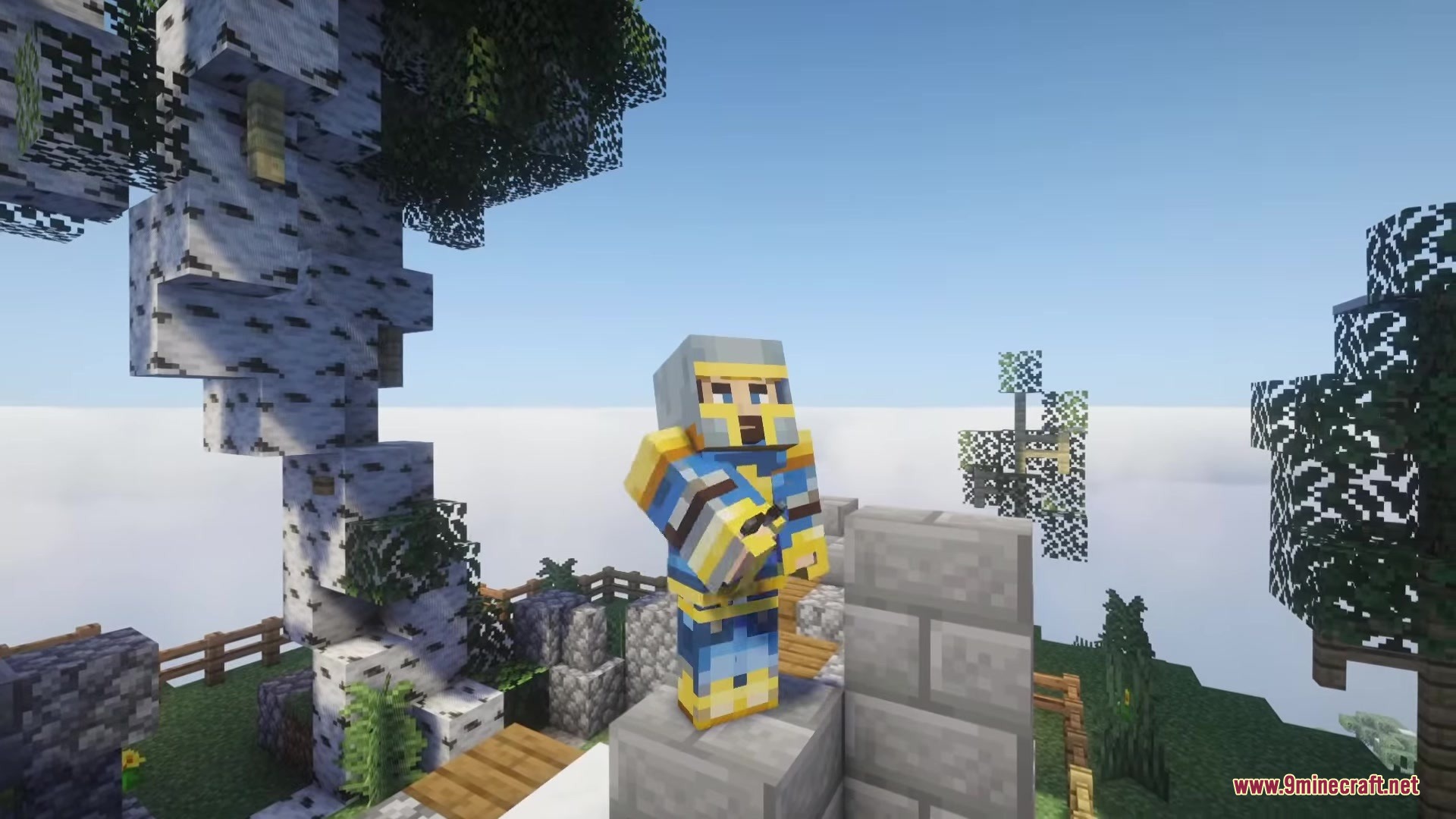 A player wearing blue and yellow custom armor stands on a stone wall