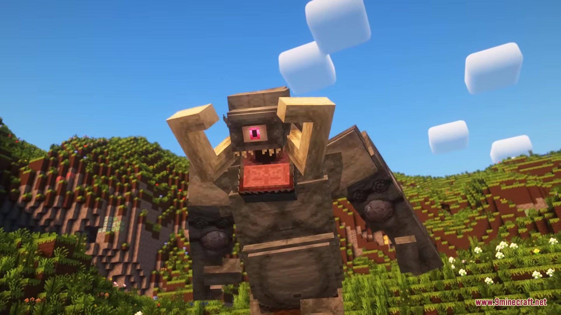 A giant Cyclops from the Dragonforged Mod stands in a grassy field