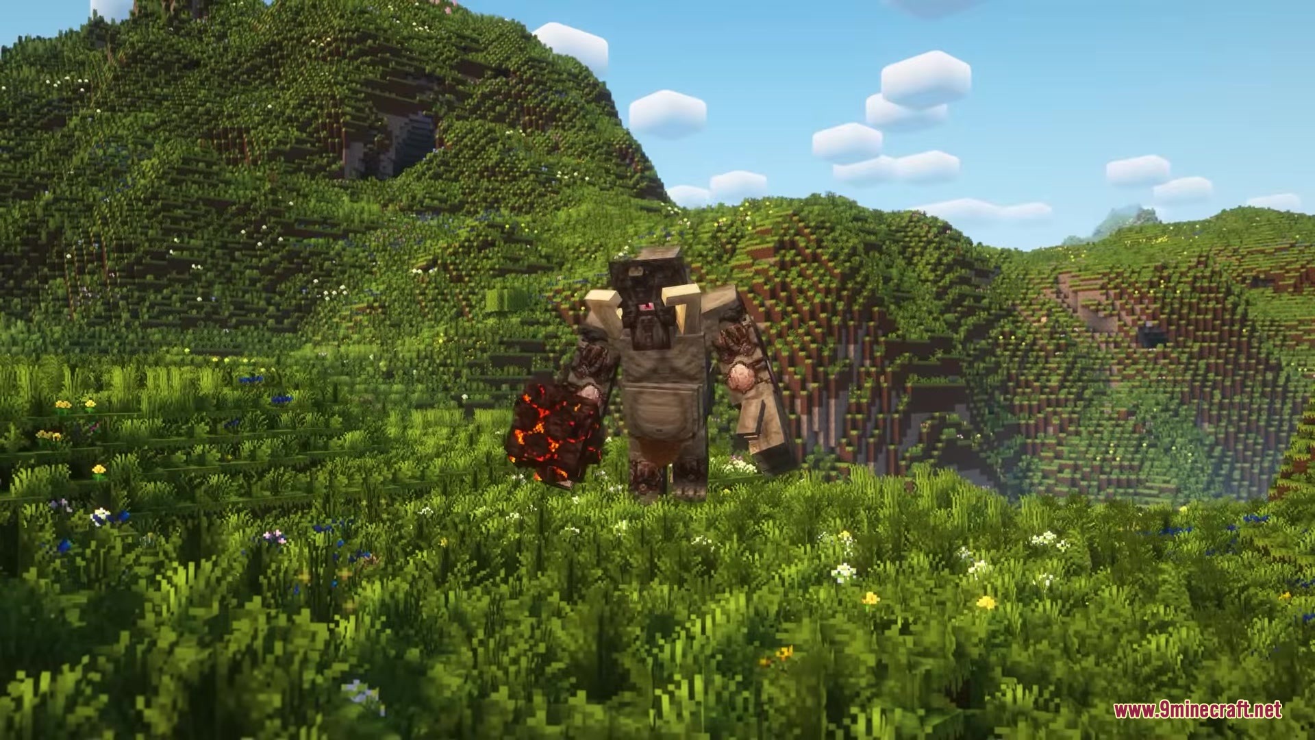 A massive Cyclops monster holds a glowing magma block in a hilly landscape