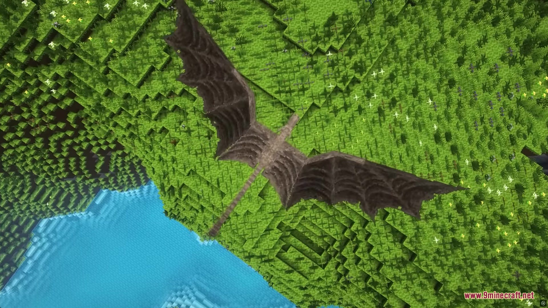 A massive brown dragon soaring above a vibrant green Minecraft landscape