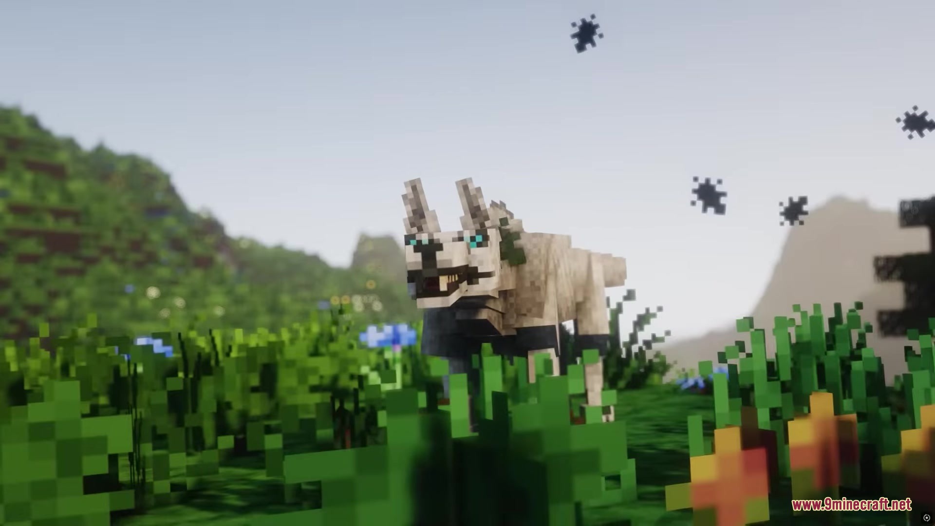 A white wolf with glowing blue eyes stands in a flowery field
