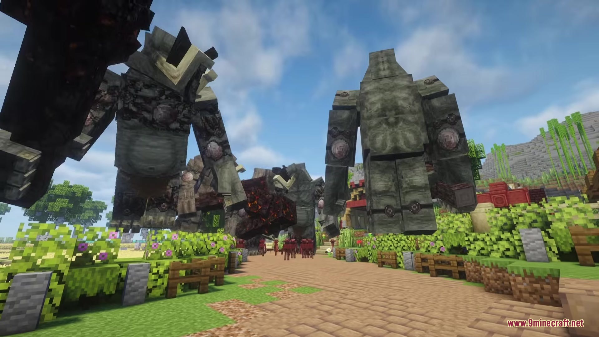 Giant stone monsters standing on a path in a Minecraft village