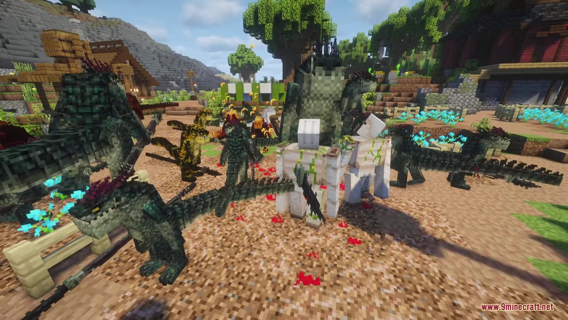 A group of Saurian warriors attacking an iron golem in Minecraft