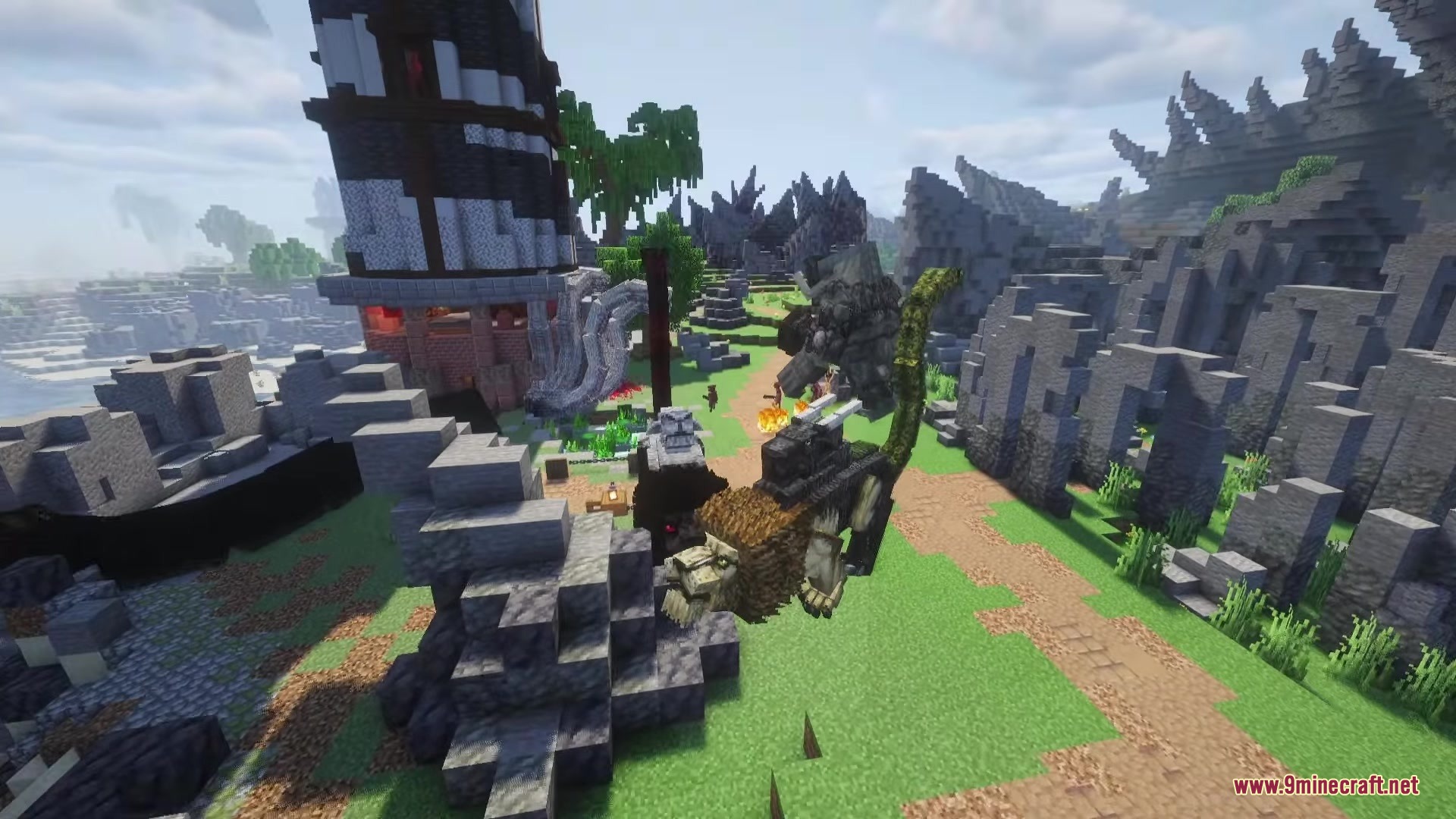 A Chimera and a stone giant stand near a tall tower