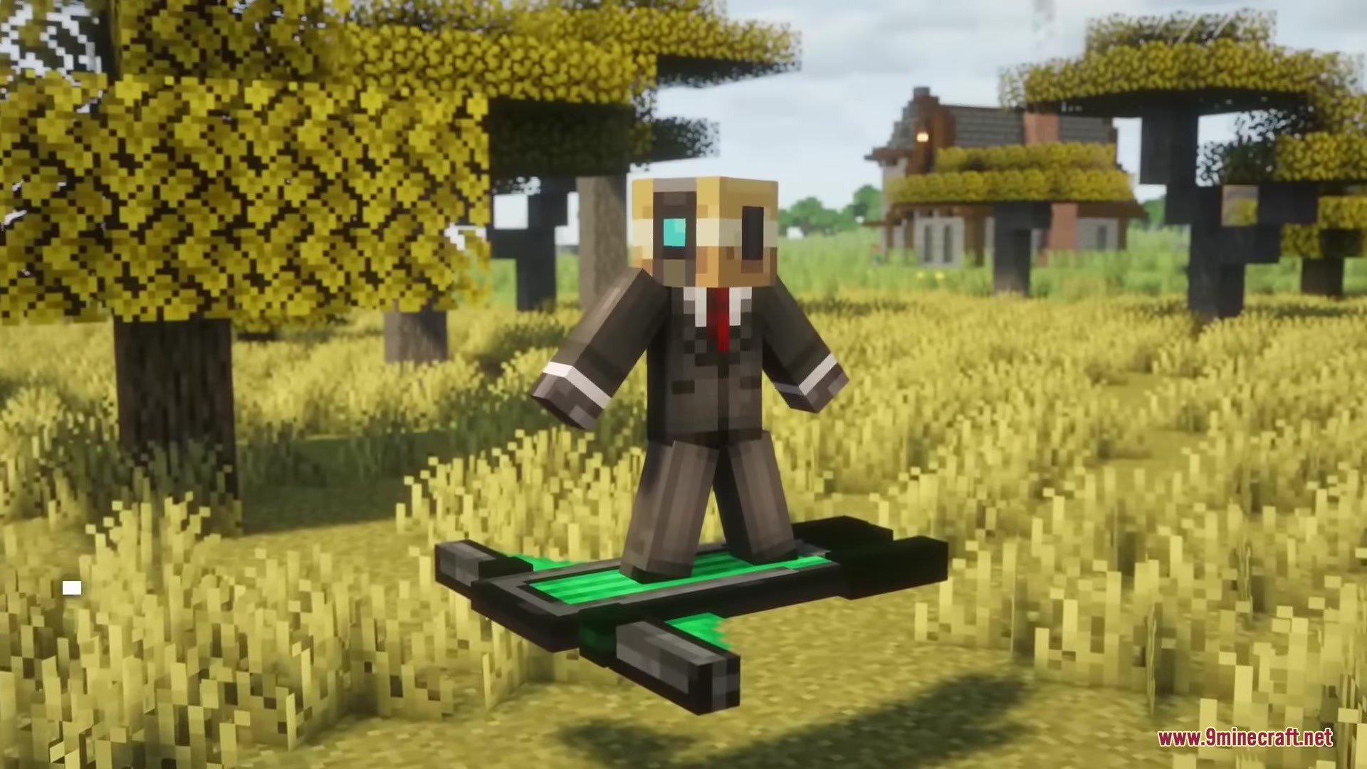 Drifter Mod Screenshot 1 A Minecraft player in a suit riding a green hoverboard through a field