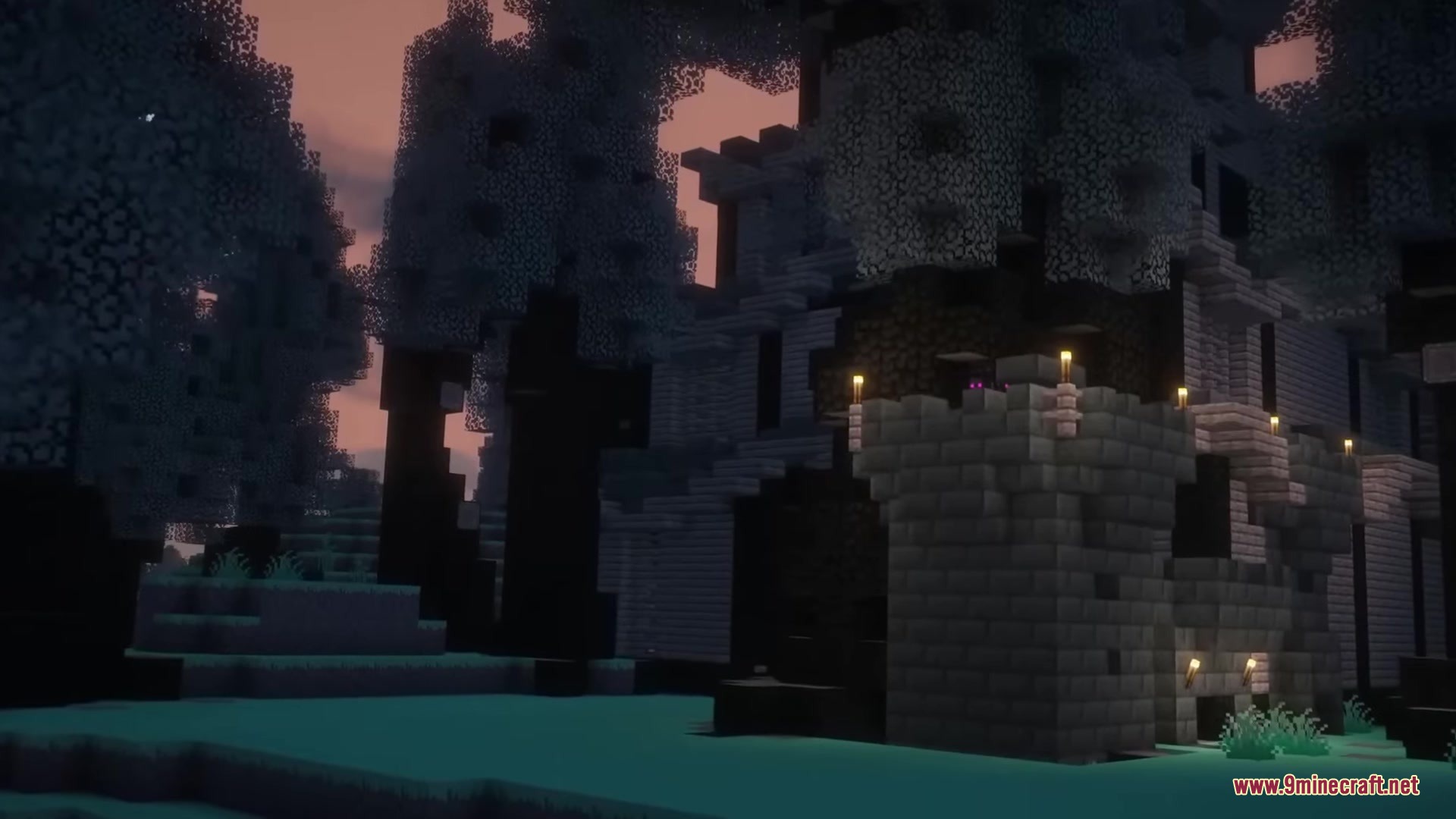 Drifter Mod Screenshot 12 Stone ruins and giant trees stand in the dark Forgotten Forest biome