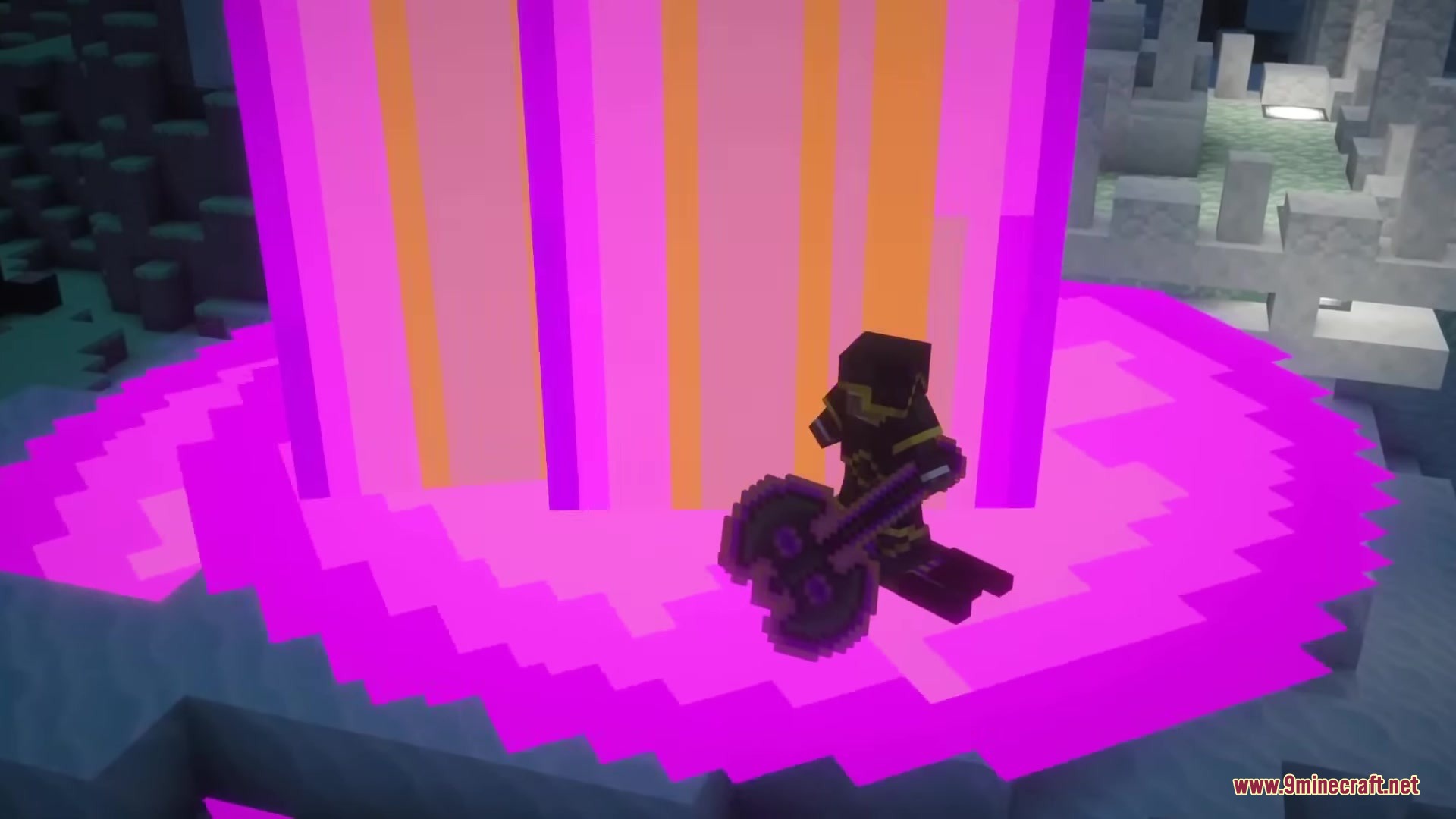 Drifter Mod Screenshot 13 A character holding a purple axe stands before a pink and orange energy beam