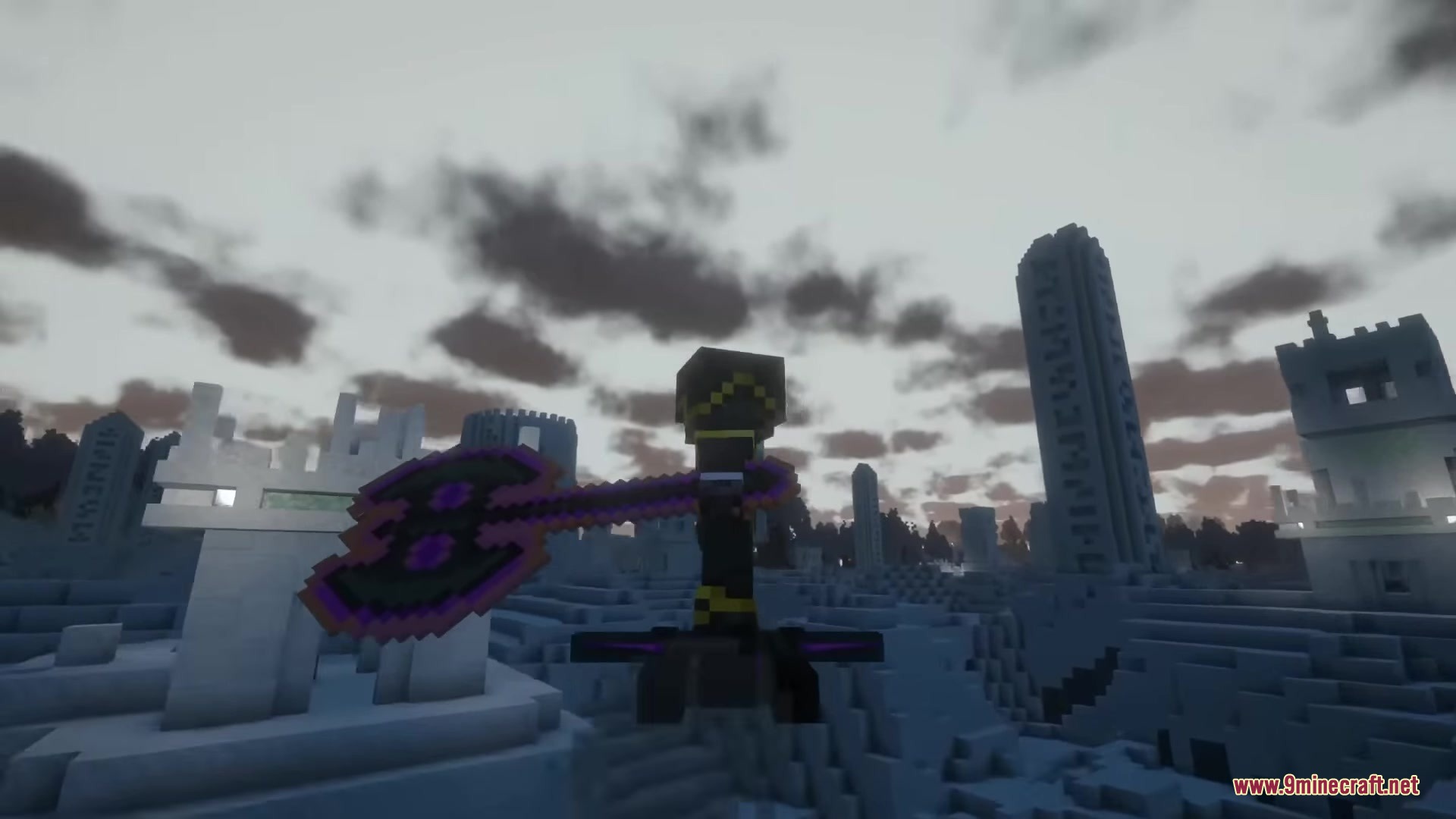 Drifter Mod Screenshot 14 A warrior explores a ruined dimension with tall stone towers and grey clouds