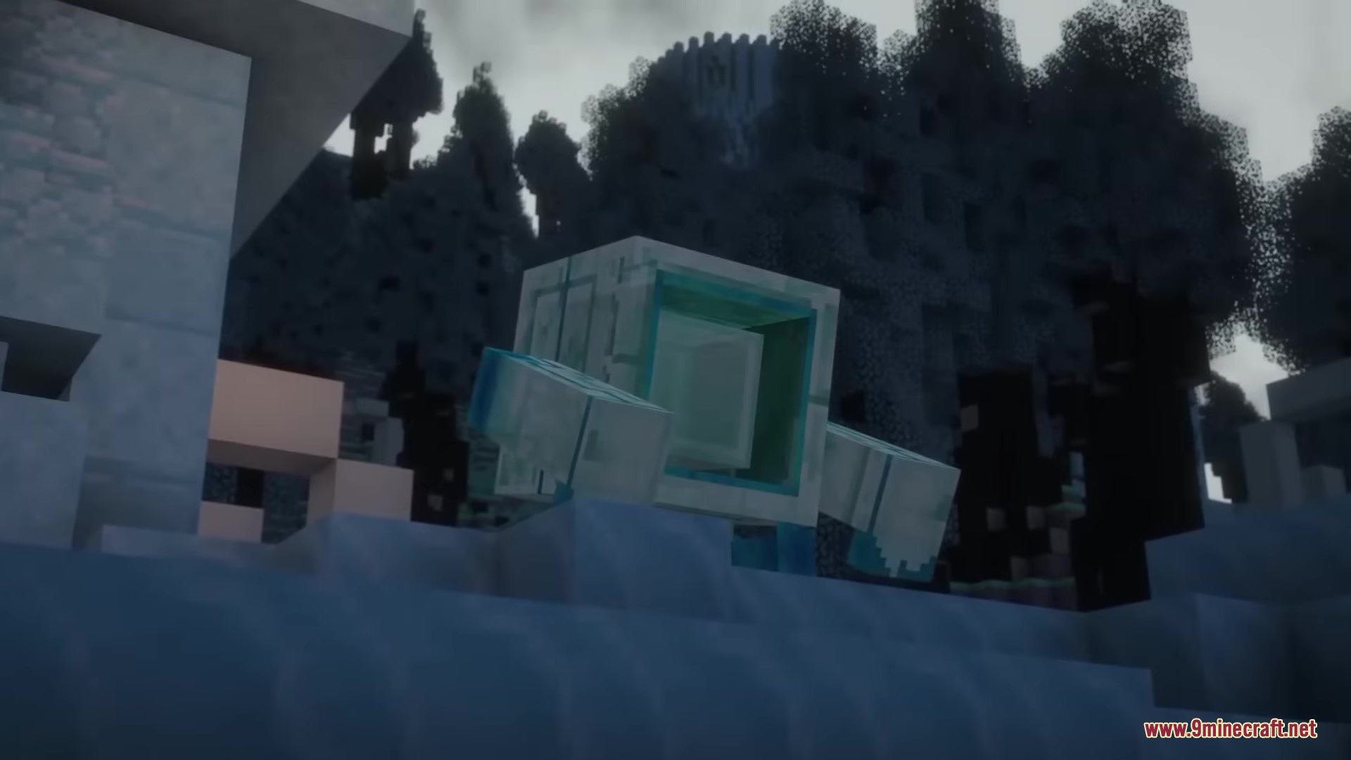 Drifter Mod Screenshot 15 A blocky glass monster with a glowing core stands in a dark forest