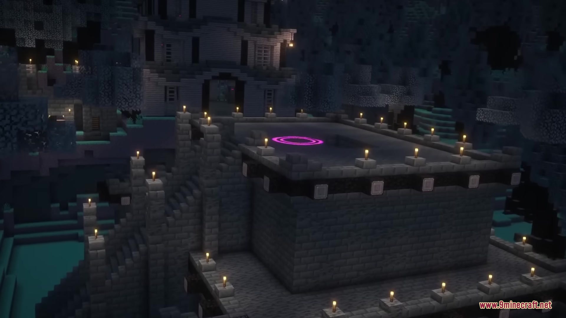 Drifter Mod Screenshot 18 A dark stone building with lit candles and a glowing pink rift