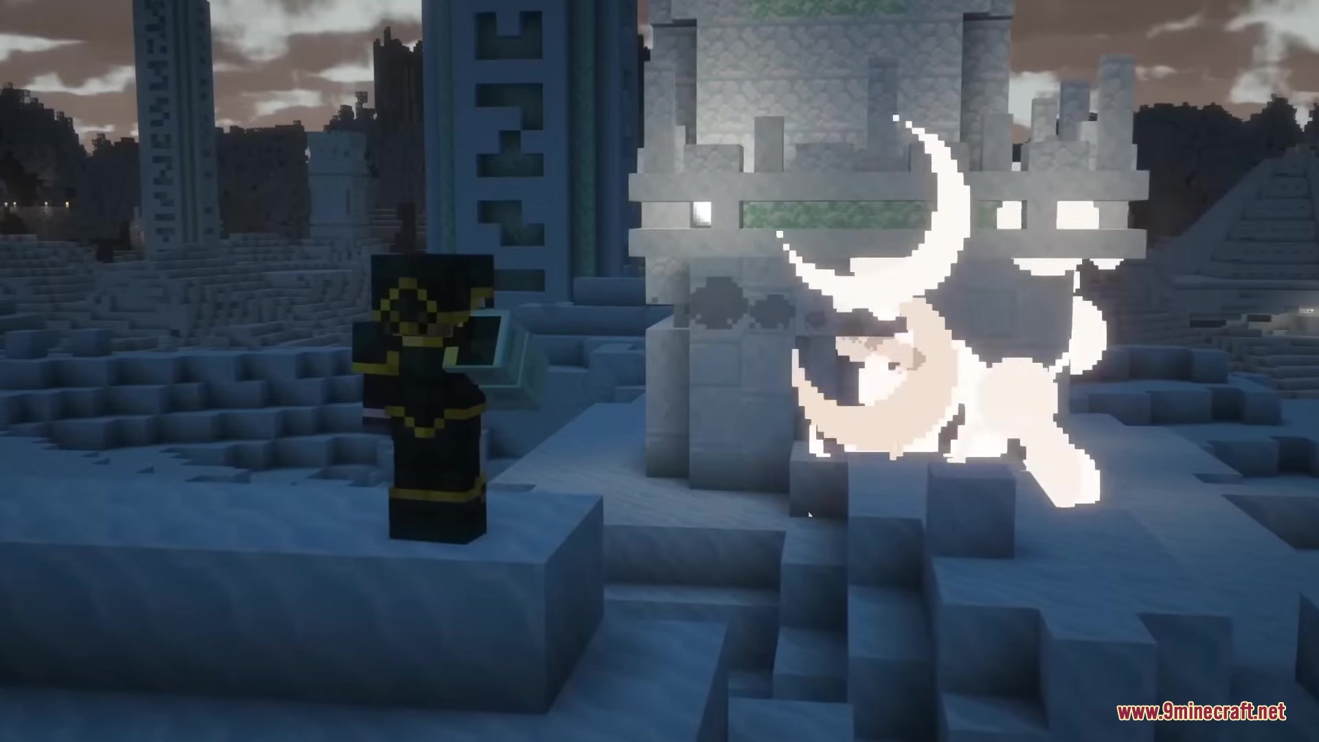 Drifter Mod Screenshot 19 Player in black and gold armor faces a giant glowing white boss