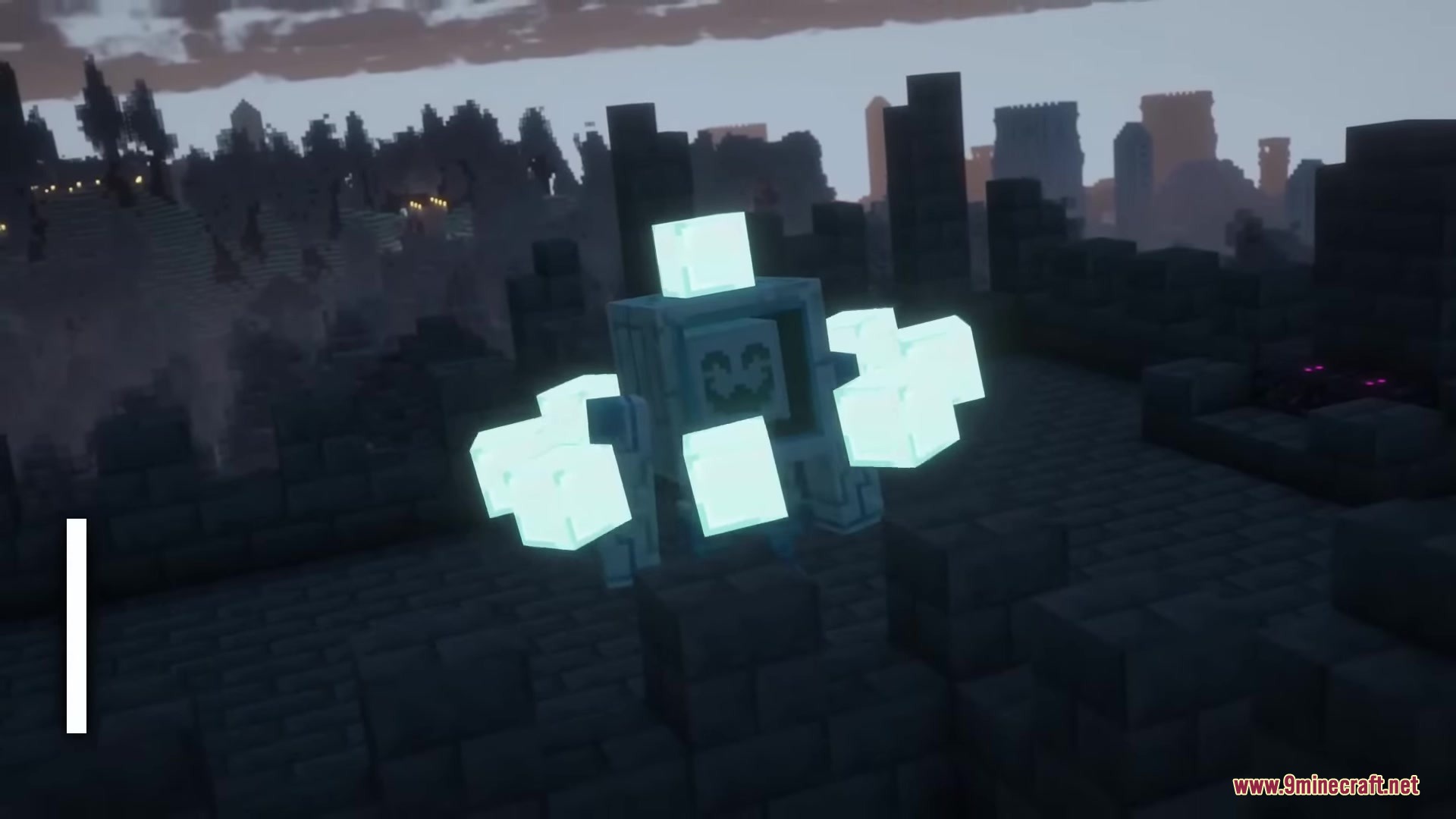 Drifter Mod Screenshot 2 A glowing blue spectral boss mob floats inside a dark ruined stone fortress