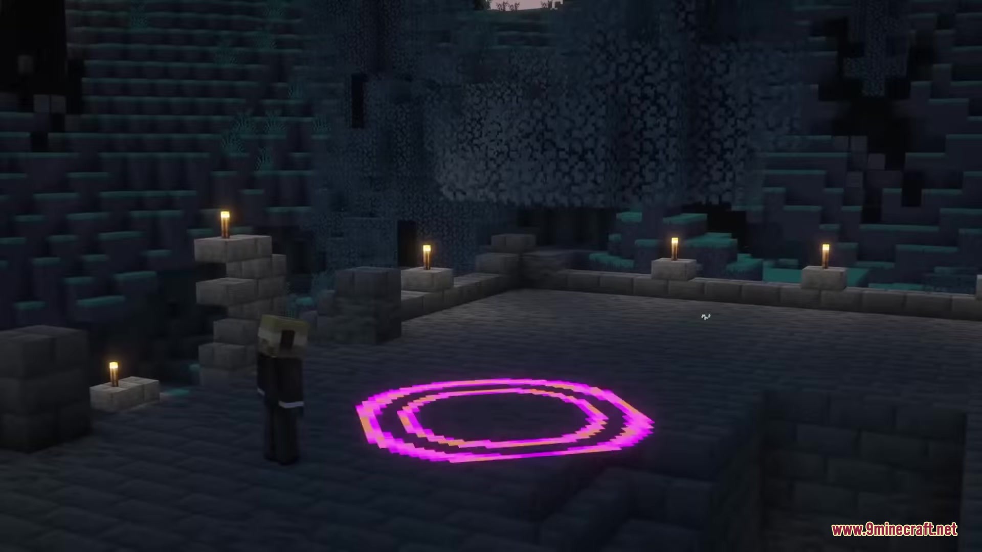 Drifter Mod Screenshot 3 Player standing in front of a glowing pink circular portal in a cave
