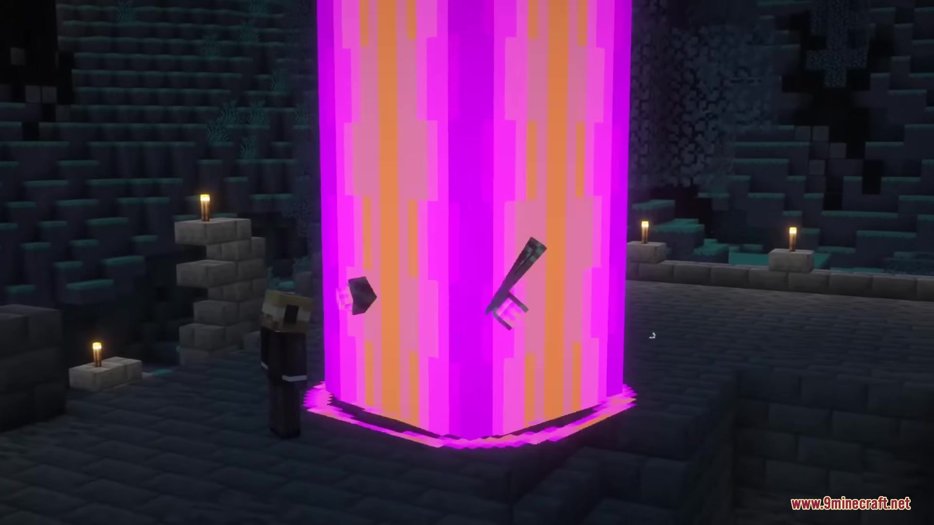 Drifter Mod Screenshot 4 A large pink and orange energy beam shoots up from a rift portal